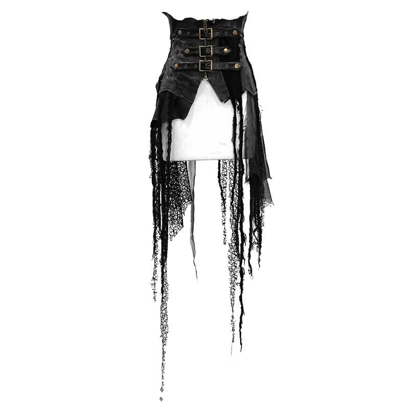 Women's black corset half skirt featuring lace up buckles and mesh decor, perfect for punk vintage style.
