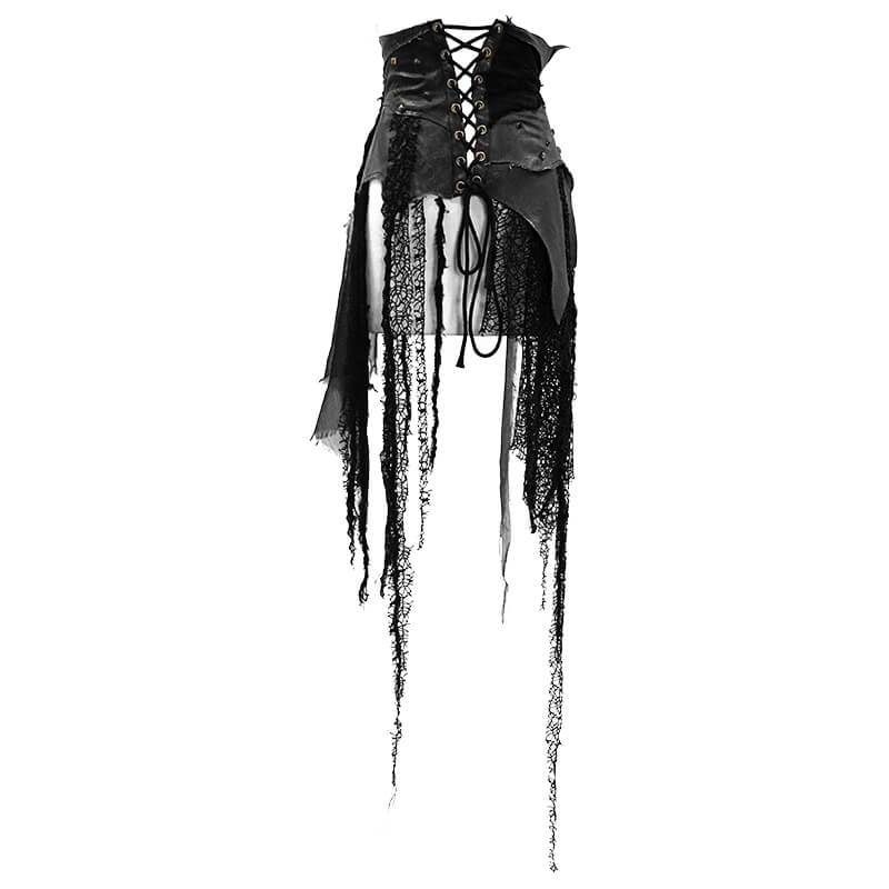 Women's Black Corset Half Skirt With Lace Up & Buckles / Asymmetric Belt Half Skirt of Mesh - HARD'N'HEAVY