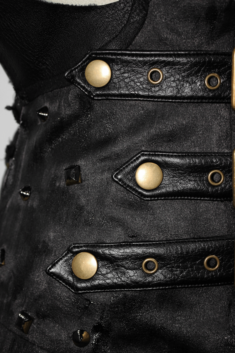 Close-up of a women's black corset featuring gold buckles and studs for a punk vintage look.