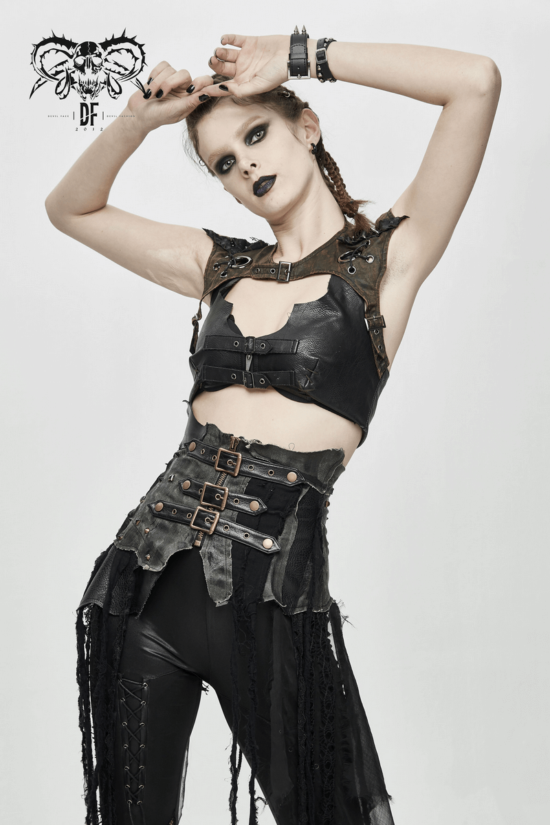 Stylish woman in punk fashion wearing a black corset top with buckles and a mesh skirt, showcasing a retro edgy look.