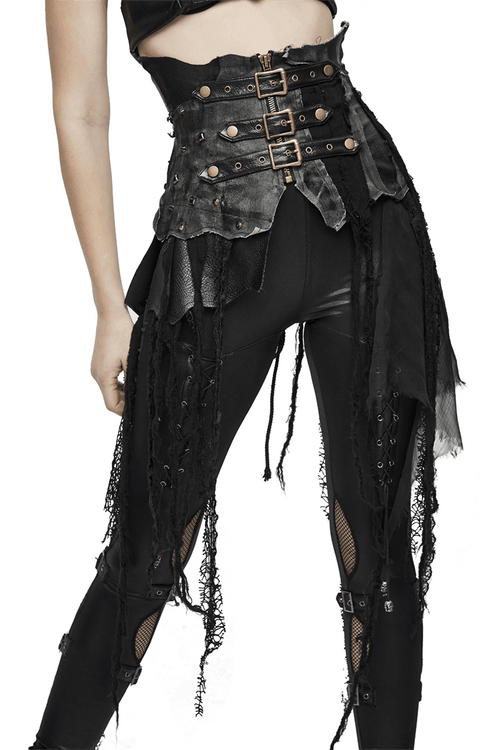 Women's Black Corset Half Skirt With Lace Up & Buckles / Asymmetric Belt Half Skirt of Mesh