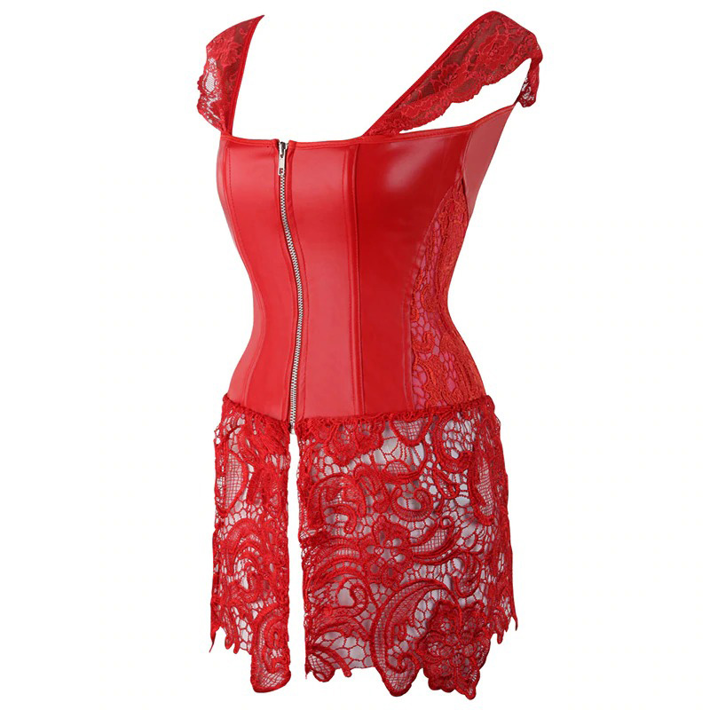 Stunning red lace corset-dress with zipper and unique shoulder straps for a chic and trendy look.