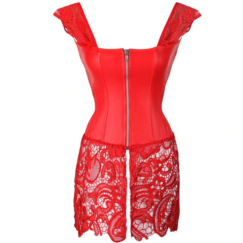 Women's red lace corset dress with zipper, stylish and trendy fashion for a princess look.