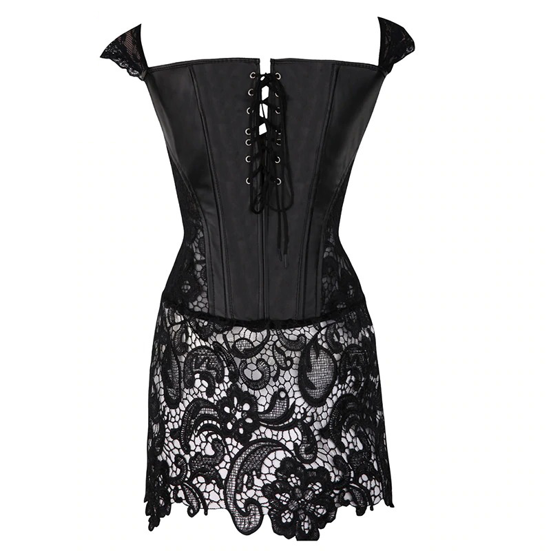 Women's black cotton corset dress featuring lace details and zipper, perfect for a trendy and elegant look.