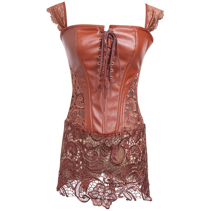 Stylish brown lace corset dress featuring a zipper and elegant lace trim for a chic, trendy look.