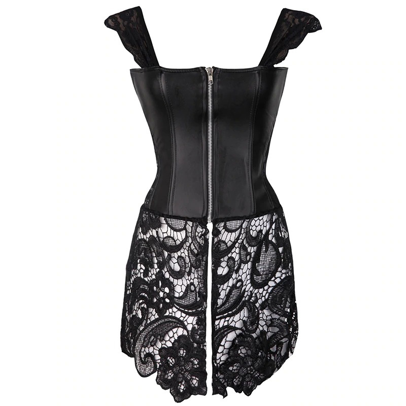 Women's black cotton corset-dress with zipper and lace details, perfect for trendy occasions and enhanced comfort.