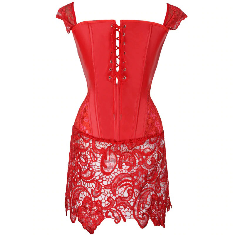Women's red lace corset dress with back zipper and decorative shoulder straps for a trendy look.