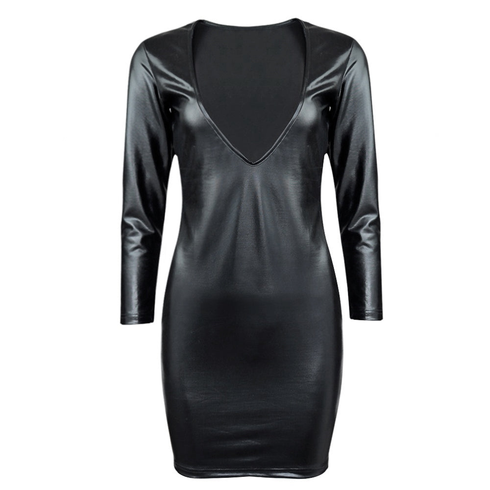 Women's Black Deep V-neck Shiny Leather Bodycon Bandage Dress / Long Sleeves Dresses - HARD'N'HEAVY