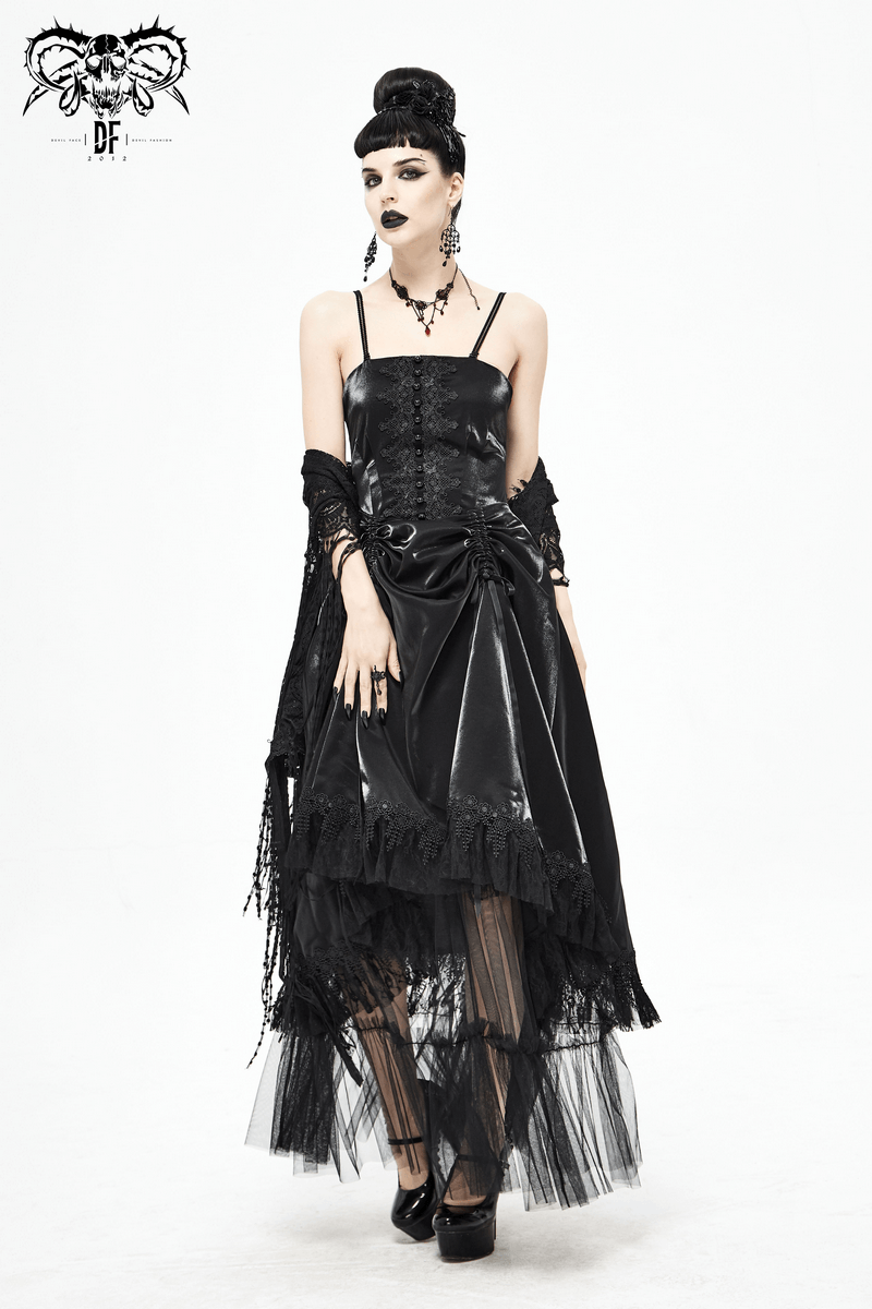 Women's Black Drawstring Lace Splice Slip Dress / Long Dress with Straps in Gothic Style - HARD'N'HEAVY