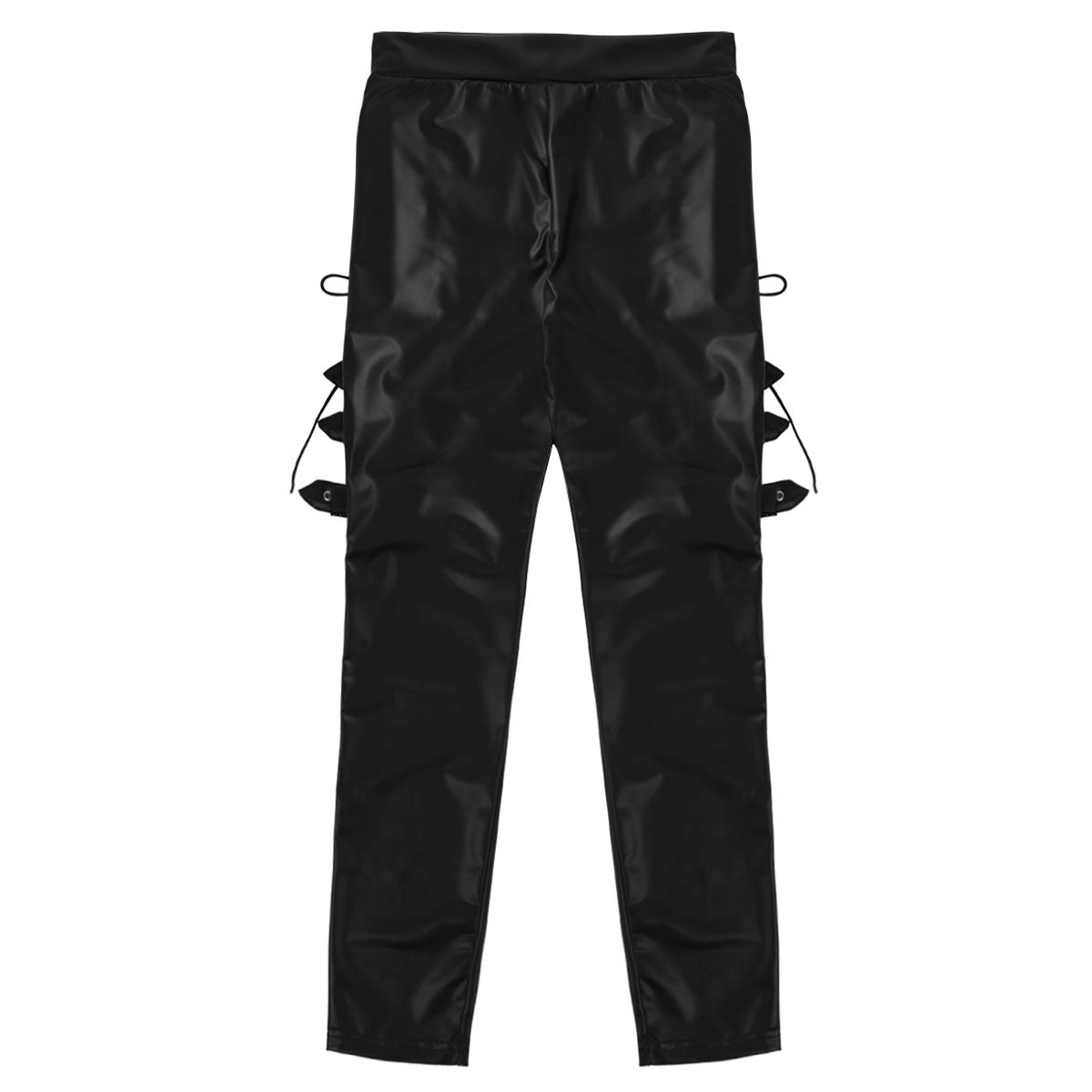 Women's black faux leather pants with lace-up side details, perfect for rock, steampunk, and gothic fashion.