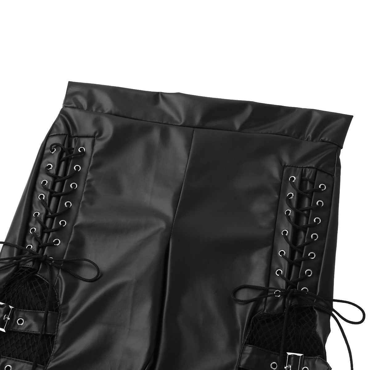 Close-up of women's black faux leather pants with lace-up sides and mesh embellishments, perfect for steampunk and rock fashion.