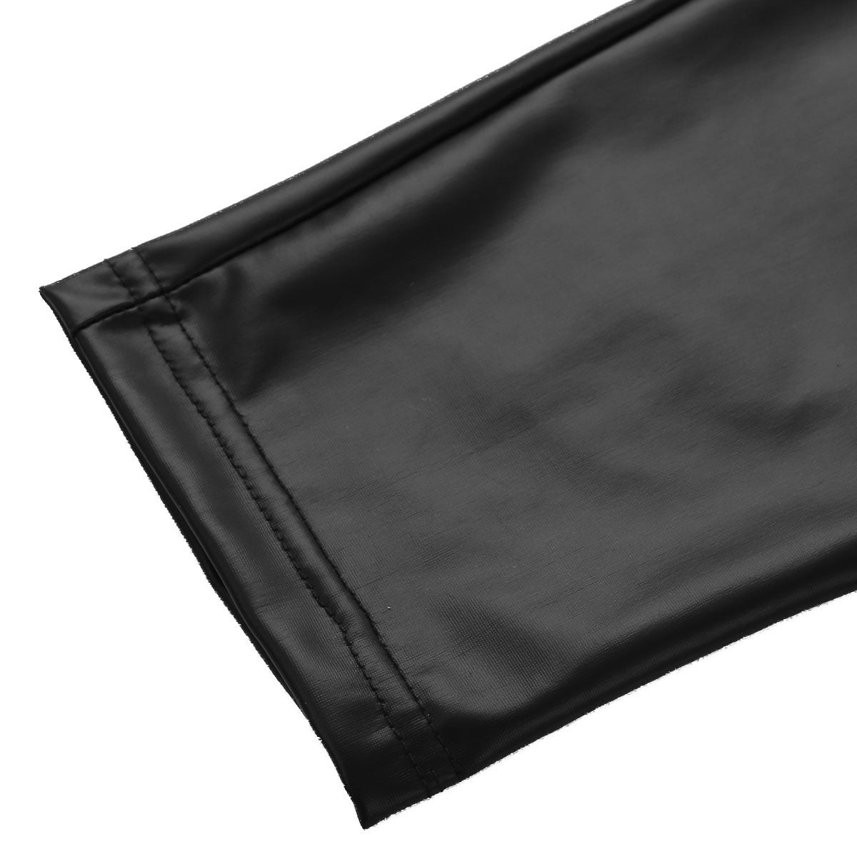 Close-up of women's black faux leather pant fabric showcasing stylish stitching and sleek texture.