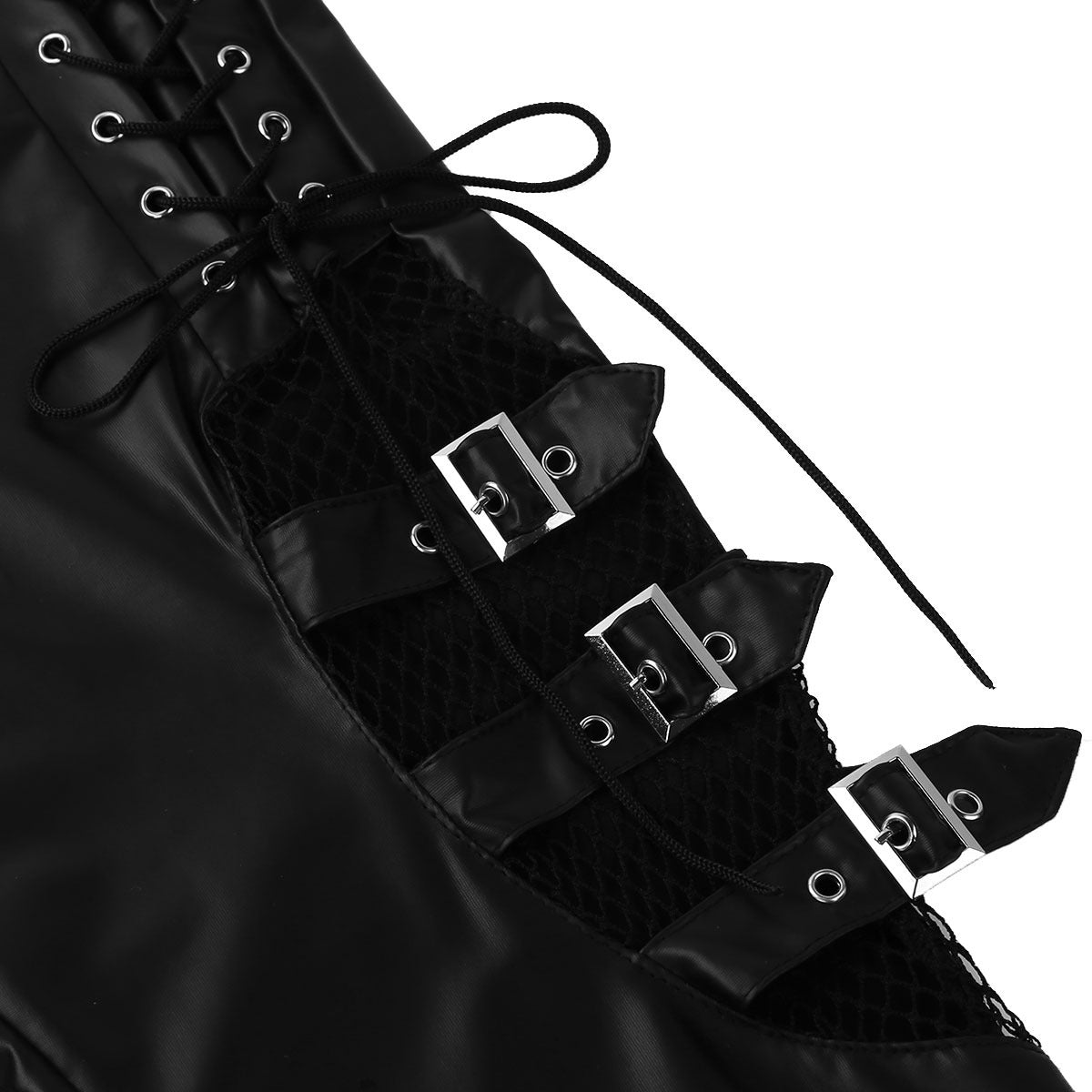 Close-up of women's black faux leather pants showing lace-up sides and embellished buckles for a stylish steampunk look.