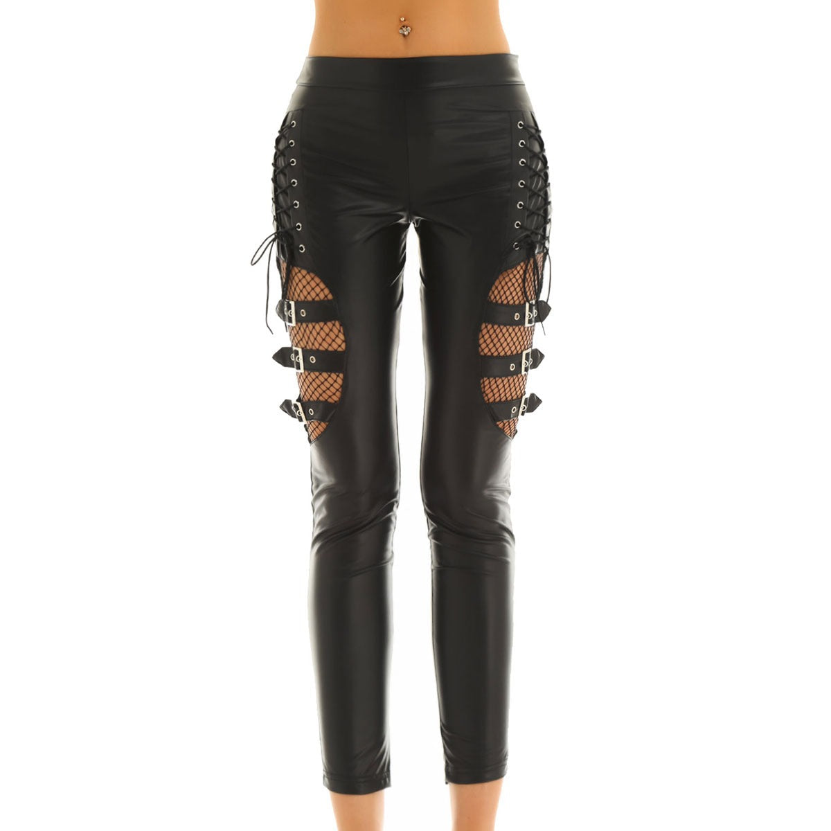 Women's black faux leather pants with lace-up sides and mesh details, perfect for steampunk and rock style fashion.