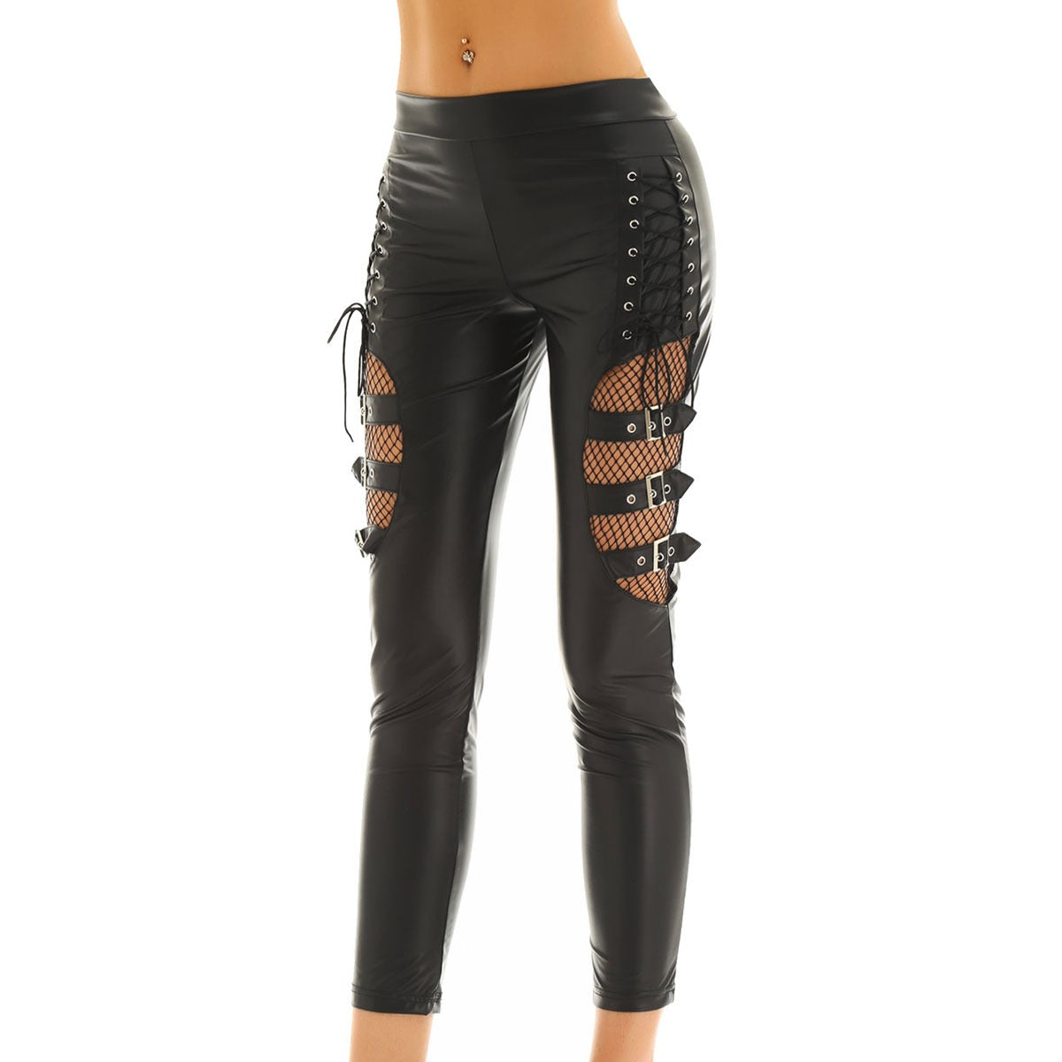 Women's black faux leather pants with lace-up design and mesh details, perfect for steampunk or rock style.