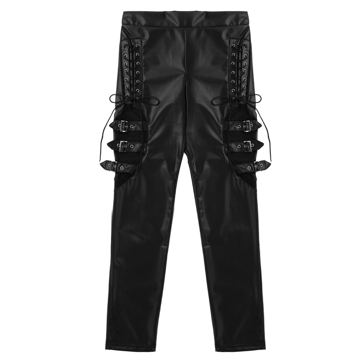 Women's black faux leather pants with lace-up design and buckle embellishments, perfect for steampunk and rock fashion.