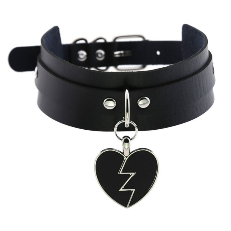 Women's Black Gothic Necklace Collar / Fashion Leather Choker Necklace with Heart - HARD'N'HEAVY