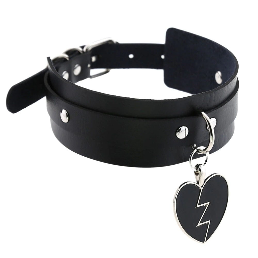 Women's Black Gothic Necklace Collar / Fashion Leather Choker Necklace with Heart - HARD'N'HEAVY