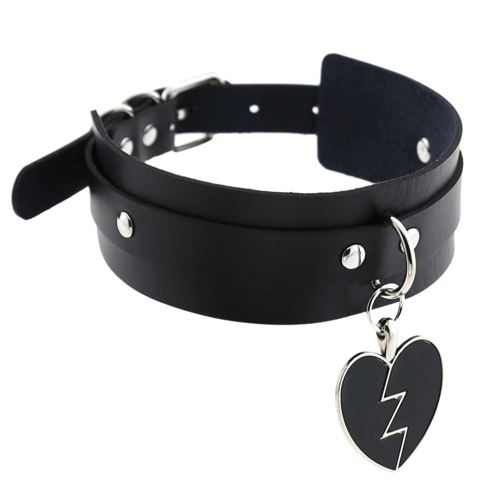 Women's black gothic-style leather choker necklace with a heart-shaped pendant and silver details.