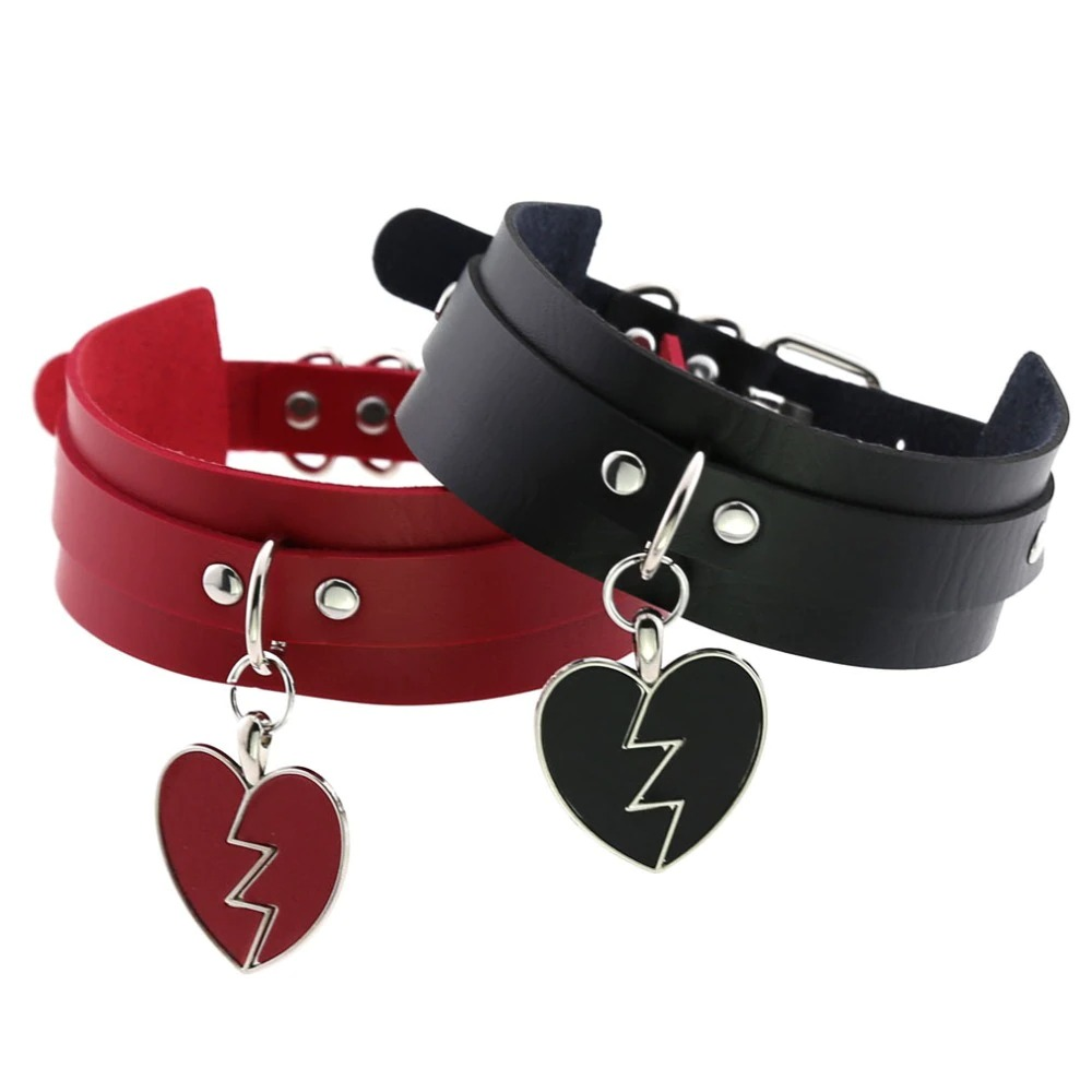 Stylish women's leather choker necklaces in black and red with heart-shaped pendants, perfect for gothic fashion.
