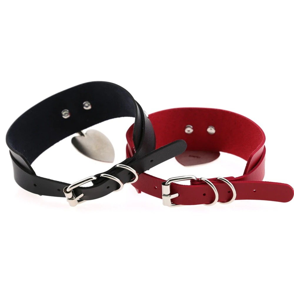 Black and red leather choker necklaces with unique heart pendant, perfect for Gothic rock fashion lovers.