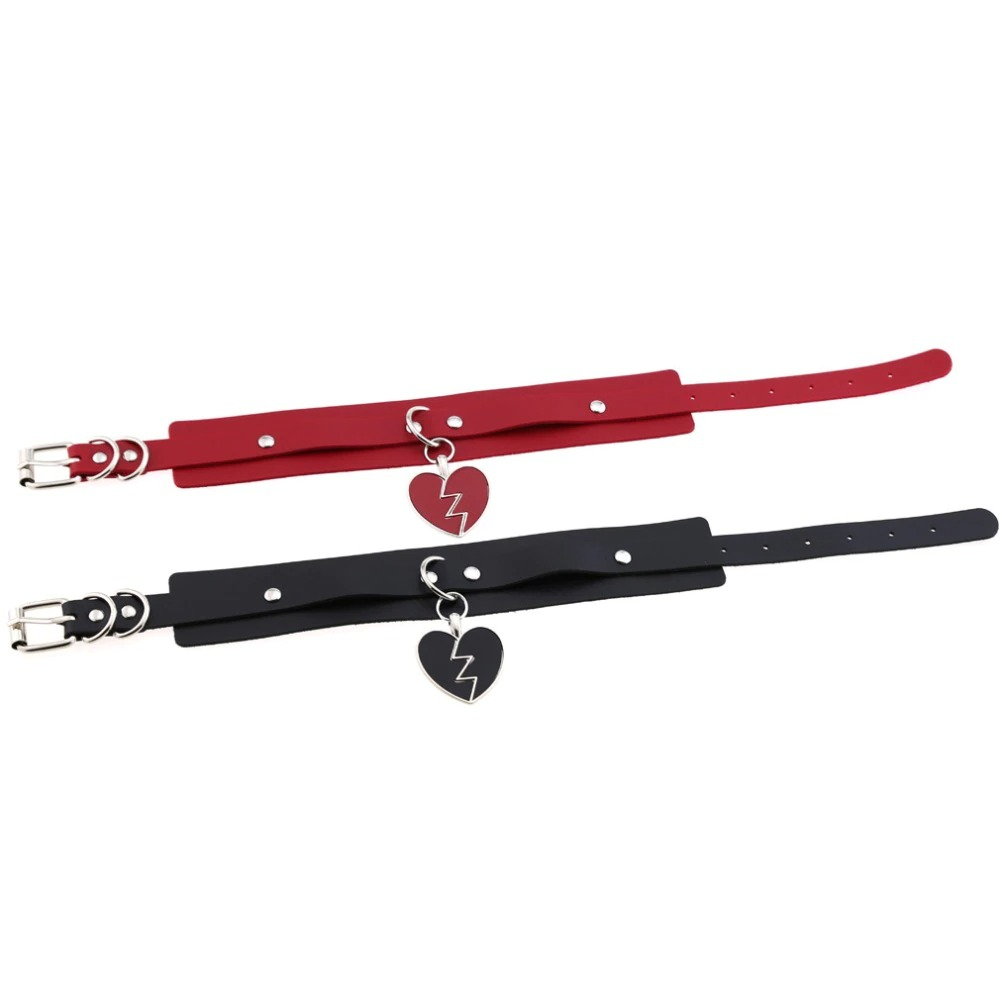 Stylish black and red leather choker necklaces with heart pendants, perfect for gothic fashion lovers.