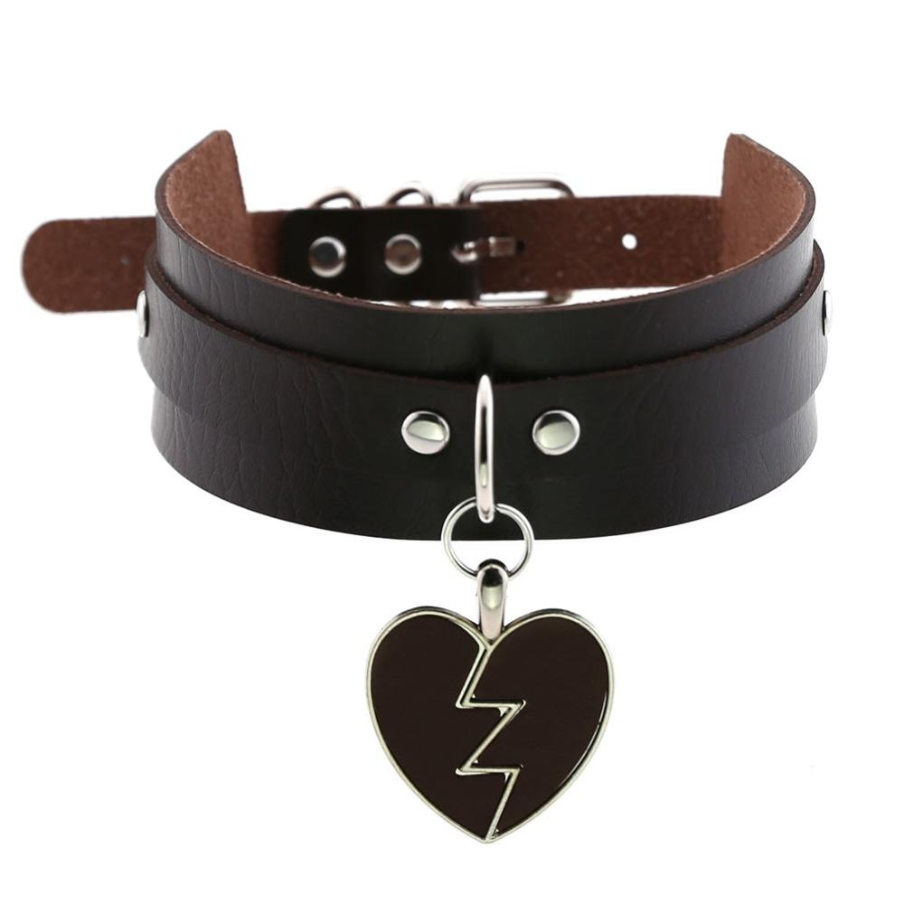 Women's black leather gothic choker necklace featuring a heart-shaped pendant with a lightning bolt design.