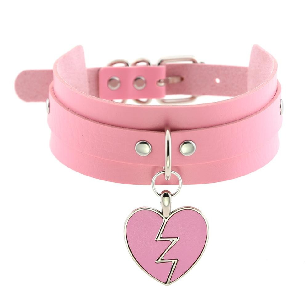 Pink leather choker necklace with lightning heart pendant, perfect for gothic and rock fashion styles.