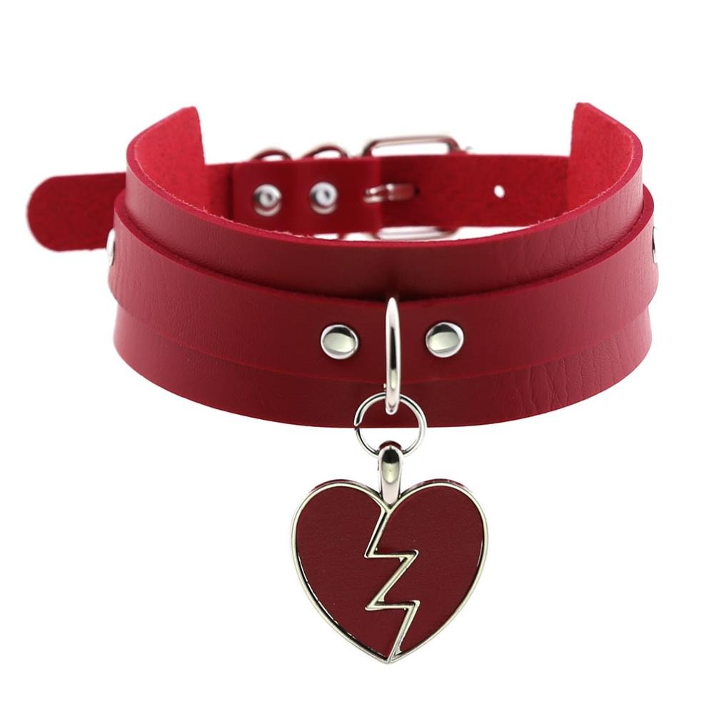 Stylish red leather choker necklace with a heart-shaped pendant, perfect for gothic fashion and rocker outfits.