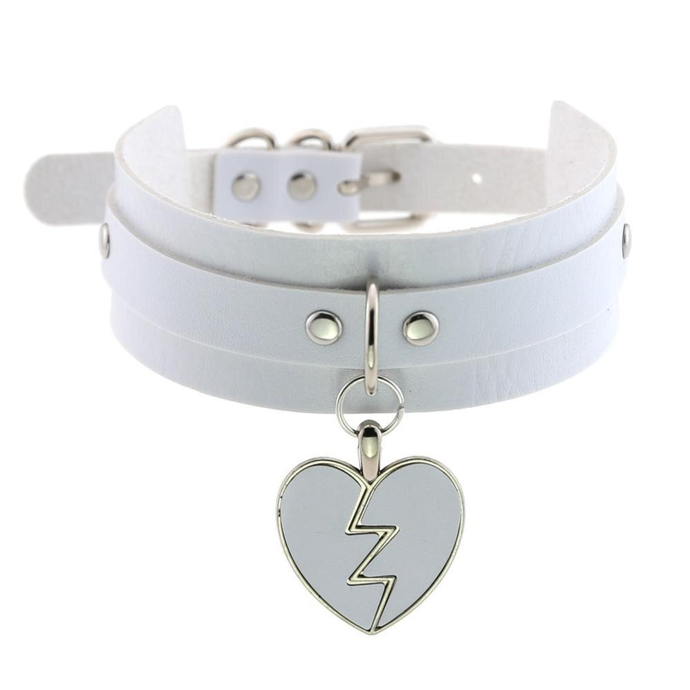 Stylish white leather choker necklace with a heart-shaped broken pendant, perfect for gothic fashion enthusiasts.