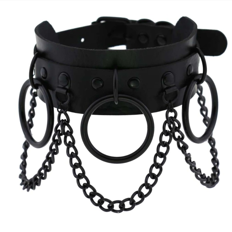 Women's black gothic punk choker with chain collar, a bold statement accessory for alternative fashion.