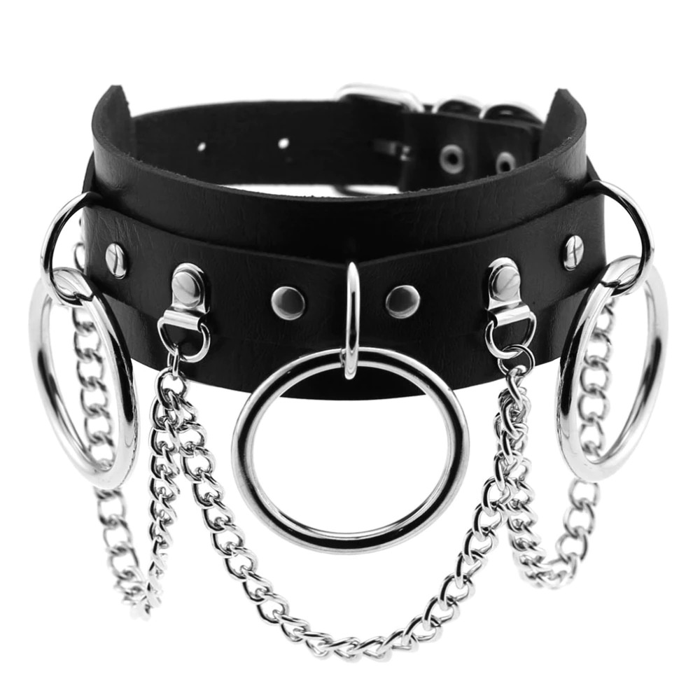 Women's gothic punk choker, black leather with chain collar, edgy fashion accessory for alternative styles.