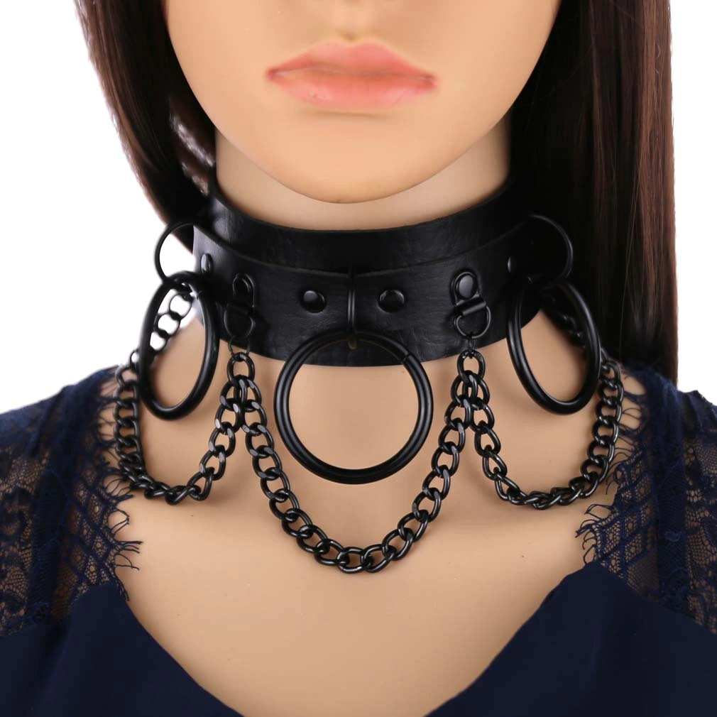 Women's black gothic punk choker with chain collar, showcasing a daring and stylish alternative accessory.