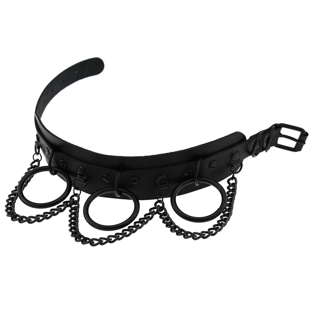Women's black gothic punk choker with chain and rings for a bold fashion statement.