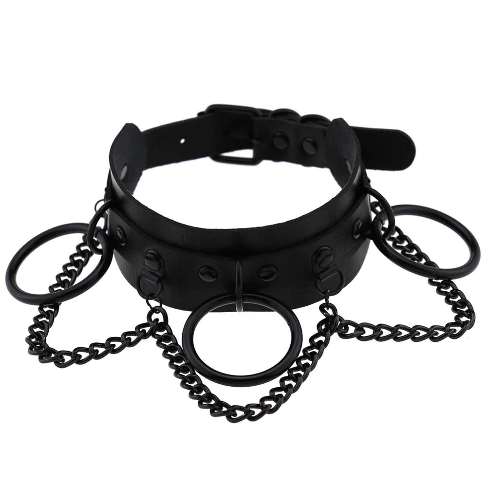 Black gothic punk choker with chains and rings, perfect for bold fashion statements.
