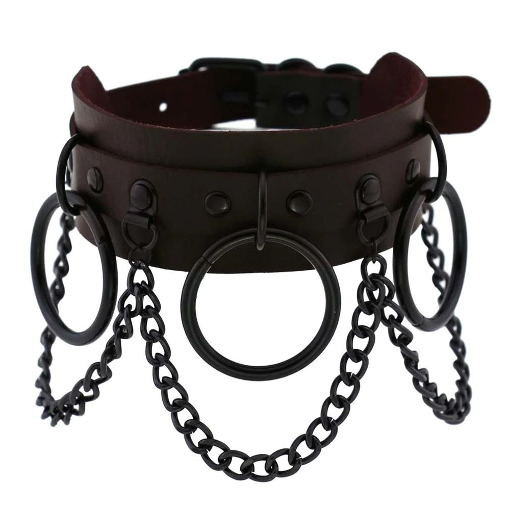 Women's black gothic punk choker with chain accents, showcasing edgy style and bold fashion statement.