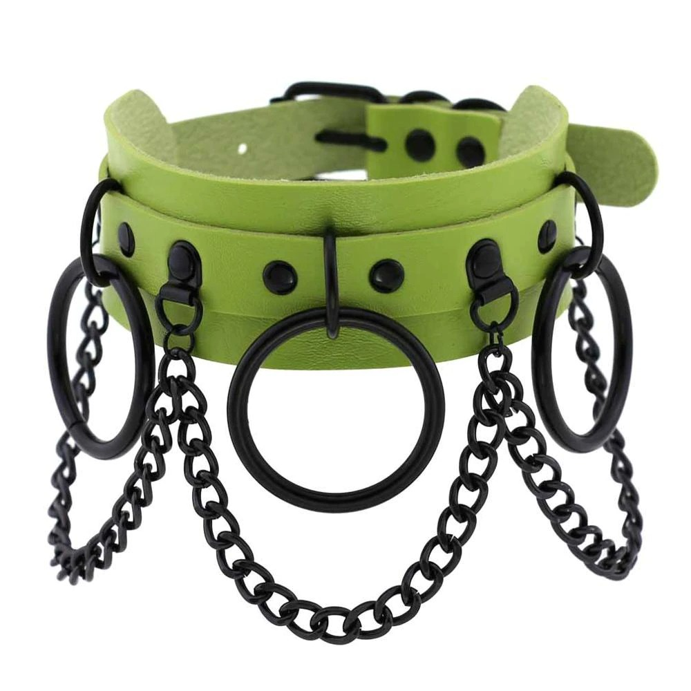 Vibrant green gothic punk choker with black chains and rings, perfect for edgy fashion statements.