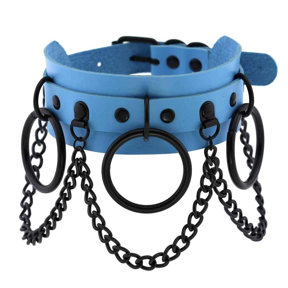 Blue gothic punk choker with black chains and rings, perfect for bold alternative fashion statements.