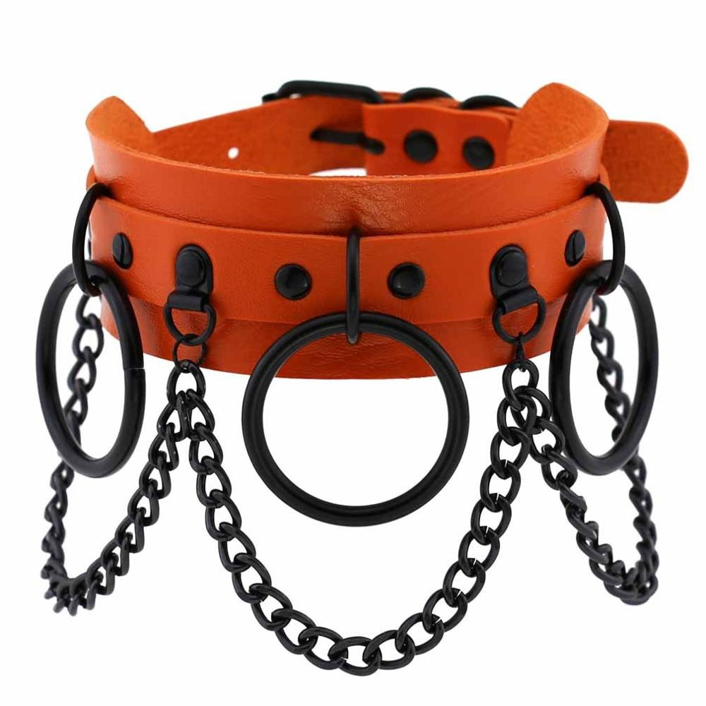 Stylish women's gothic punk choker featuring orange leather and black chain accents for bold fashion statements.