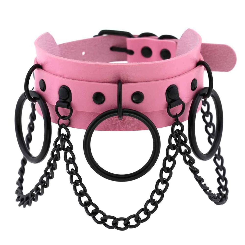 Pink gothic punk choker with black chains and rings, perfect for edgy fashion lovers.