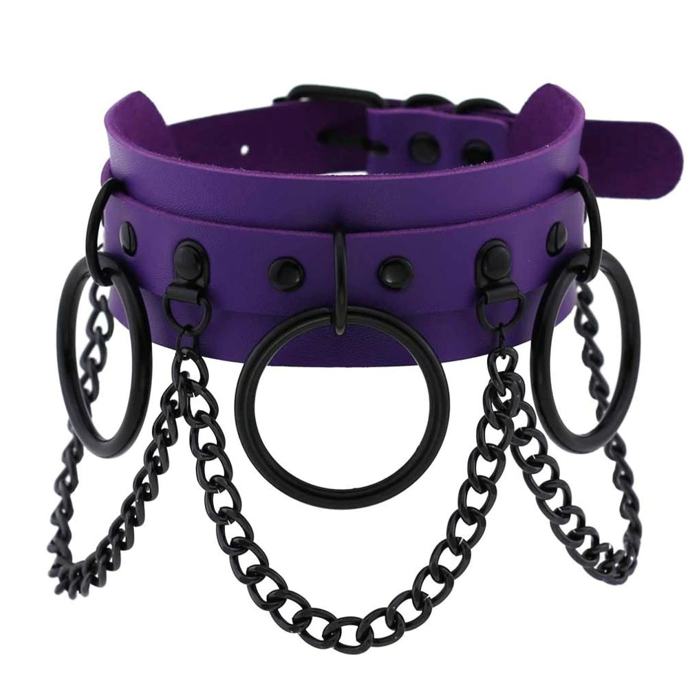 Women's purple gothic punk choker with chains and rings for bold alternative fashion statement.