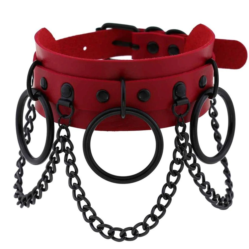 Bold red gothic punk choker with black chains and rings, perfect for alternative fashion lovers.