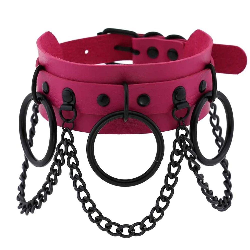 Pink gothic punk choker with black chains and rings for a bold alternative fashion statement.