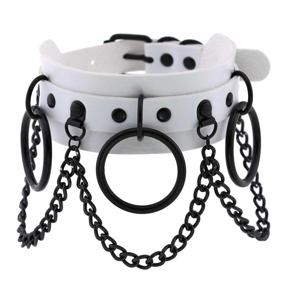 White leather gothic punk choker with black chains and rings for bold fashion statements.