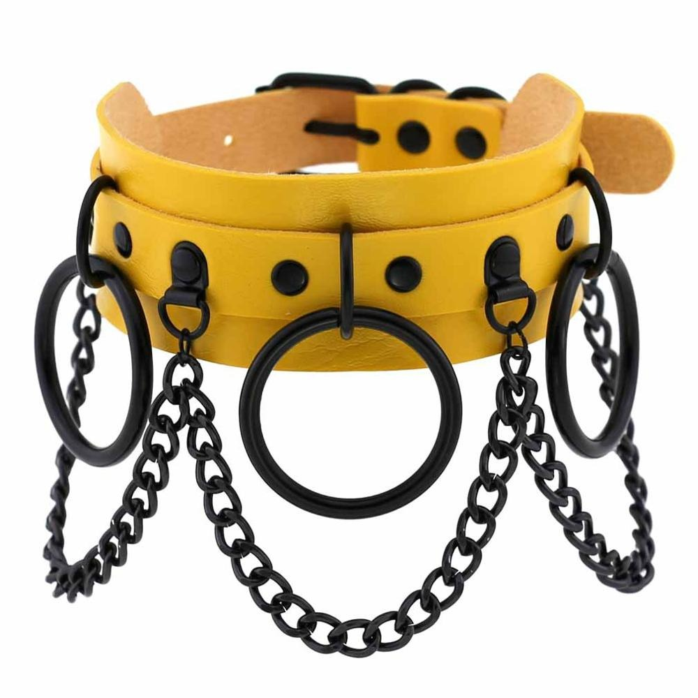 Bold yellow gothic punk choker with black chains and rings for alternative fashion enthusiasts.