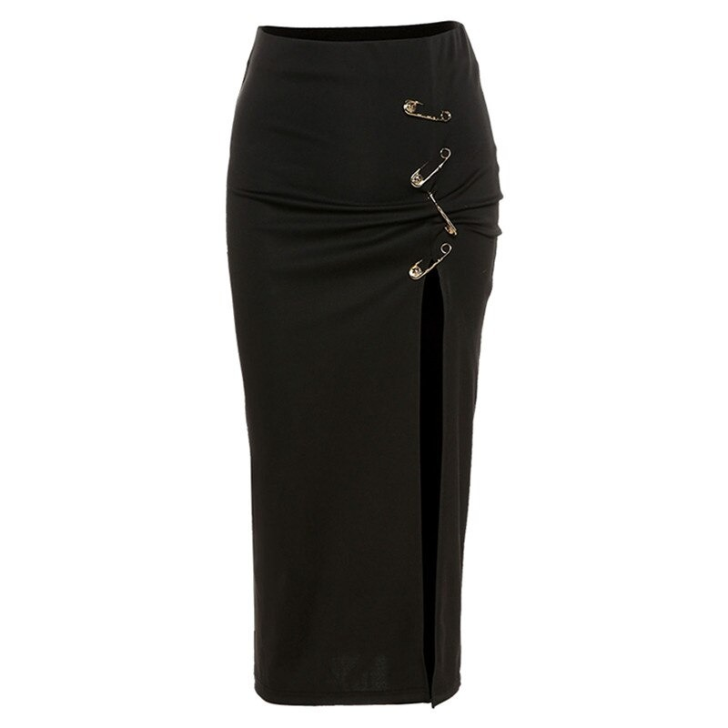 Women's black gothic punk split midi skirt with decorative safety pins, perfect for a stylish aesthetic look.