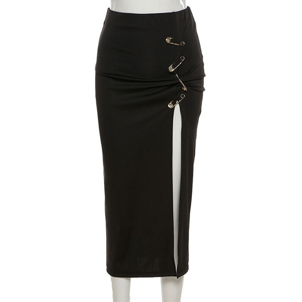 Women's black gothic punk midi skirt with side pins and slit, perfect for trendy gothic outfits.