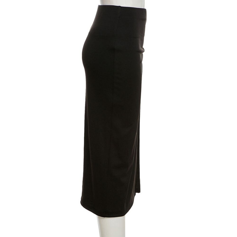 Women's black gothic punk split midi skirt showcasing a high waist and stylish side pins.