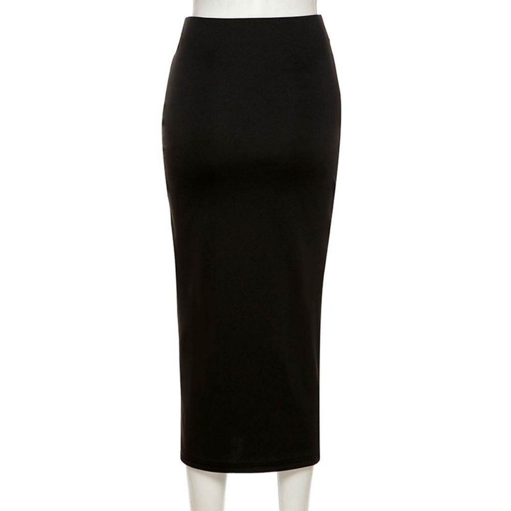 Black gothic punk midi skirt, high waist design with a sleek fit, perfect addition to any aesthetic wardrobe.