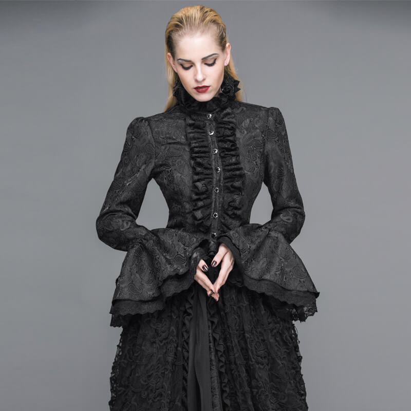 Women's Black High Collar Shirt With Ruffles / Ladies Long Flared Sleeves Blouse in Gothic style - HARD'N'HEAVY